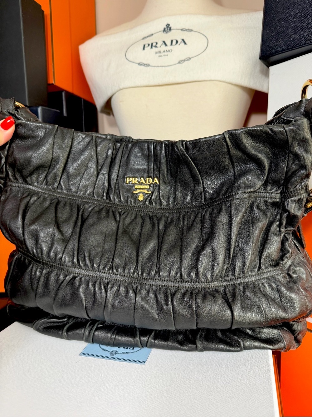 Prada 🌟 Black Runched Leather Shoulder Bag with Gold ! Offers always welcome! - Picture 5 of 16